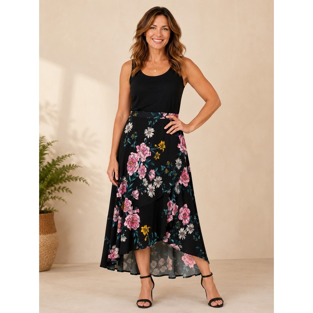 Lane‎ Bryant Black Floral Faux Wrap High Low Midi Skirt Plus 18/20 Flowy Ruffle
